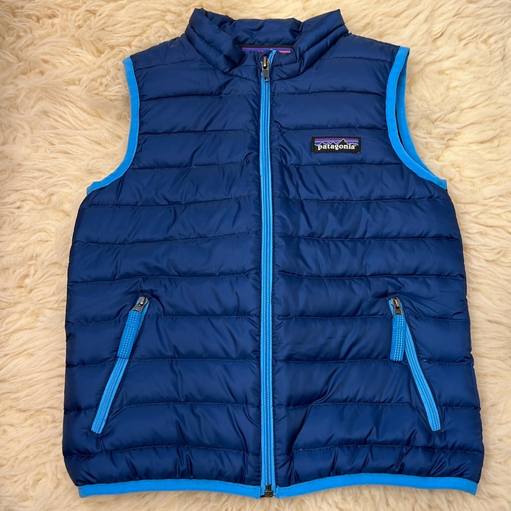 Patagonia Kids Navy Blue Puffer Vest with Bright Blue Trim
